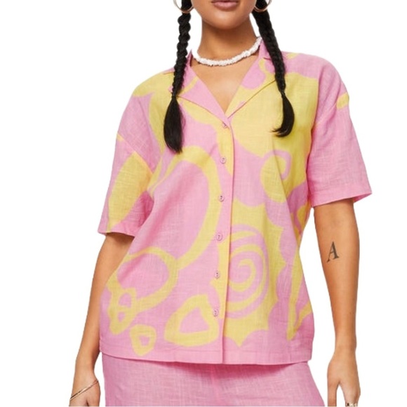 Princess Polly Tops - Princess Polly Lightweight Cotton Shirt, Pink/Yellow, Relaxed Fit, Size 4